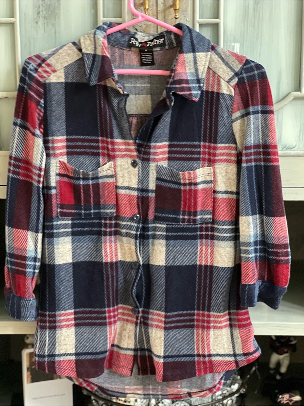 Soft Flannel Plaid Button-Up Shirt - Red, Navy & Cream M